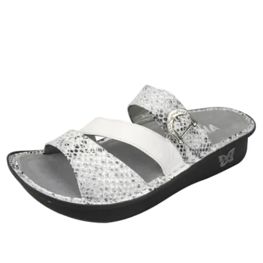 Alegria COLETTE White Metallic Silver Reptile Strappy Support Slide Sandals
